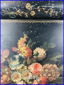 ANTIQUE Large Tole Tray VICTORIAN Hand Painted FLOWERS Metal Serving Tray