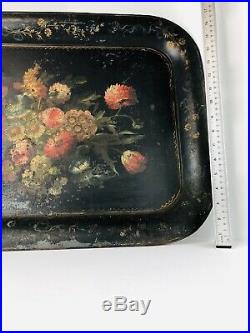 ANTIQUE Large Tole Tray VICTORIAN Hand Painted FLOWERS Metal Serving Tray