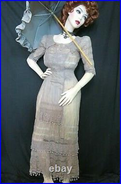 ANTIQUE Original Edwardian Victorian DRESS gray BATISTE hand crochet IRISH LACE