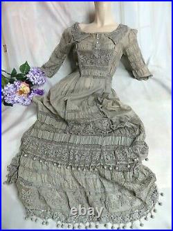 ANTIQUE Original Edwardian Victorian DRESS gray BATISTE hand crochet IRISH LACE