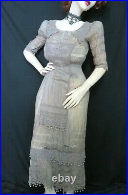ANTIQUE Original Edwardian Victorian DRESS gray BATISTE hand crochet IRISH LACE