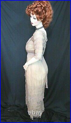 ANTIQUE Original Edwardian Victorian DRESS gray BATISTE hand crochet IRISH LACE