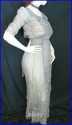 ANTIQUE Original Edwardian Victorian DRESS gray BATISTE hand crochet IRISH LACE