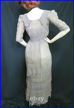 ANTIQUE Original Edwardian Victorian DRESS gray BATISTE hand crochet IRISH LACE