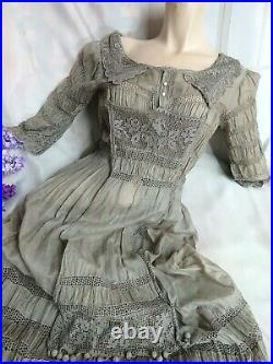 ANTIQUE Original Edwardian Victorian DRESS gray BATISTE hand crochet IRISH LACE