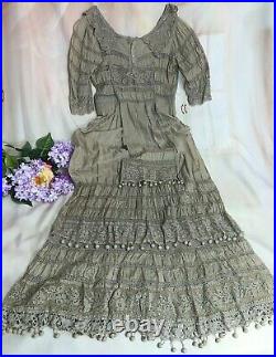 ANTIQUE Original Edwardian Victorian DRESS gray BATISTE hand crochet IRISH LACE