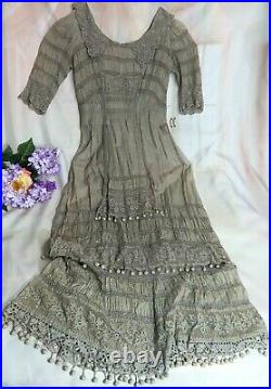 ANTIQUE Original Edwardian Victorian DRESS gray BATISTE hand crochet IRISH LACE