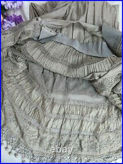 ANTIQUE Original Edwardian Victorian DRESS gray BATISTE hand crochet IRISH LACE