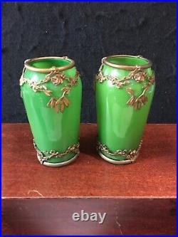 ANTIQUE PAIR OF HAND BLOWN OPALINE GREEN GLASS AND BRONZE FLOWER VASES-308e