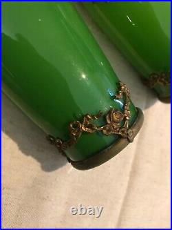 ANTIQUE PAIR OF HAND BLOWN OPALINE GREEN GLASS AND BRONZE FLOWER VASES-308e