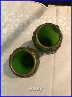 ANTIQUE PAIR OF HAND BLOWN OPALINE GREEN GLASS AND BRONZE FLOWER VASES-308e