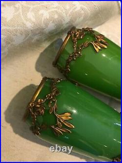 ANTIQUE PAIR OF HAND BLOWN OPALINE GREEN GLASS AND BRONZE FLOWER VASES-308e