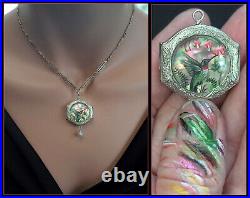 ANTIQUE Pocket Watch Locket Necklace Hand Painted Hummingbird Sterling Silver