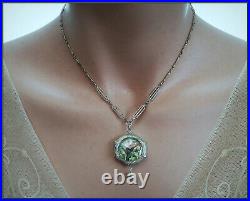 ANTIQUE Pocket Watch Locket Necklace Hand Painted Hummingbird Sterling Silver