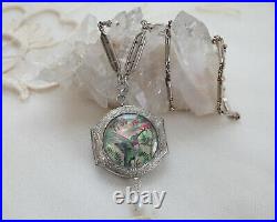 ANTIQUE Pocket Watch Locket Necklace Hand Painted Hummingbird Sterling Silver