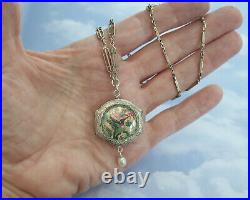 ANTIQUE Pocket Watch Locket Necklace Hand Painted Hummingbird Sterling Silver