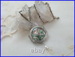 ANTIQUE Pocket Watch Locket Necklace Hand Painted Hummingbird Sterling Silver