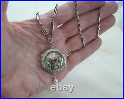 ANTIQUE Pocket Watch Locket Necklace Hand Painted Hummingbird Sterling Silver