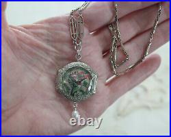 ANTIQUE Pocket Watch Locket Necklace Hand Painted Hummingbird Sterling Silver