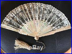 ANTIQUE TIFFANY & CO. HAND FAN ABALONE & FRENCH LACE with BOX