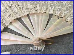 ANTIQUE TIFFANY & CO. HAND FAN ABALONE SATIN & FRENCH LACE with BOX DATED 1890