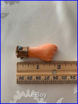 ANTIQUE VICTORIAN 10k GOLD REAL Carved Coral Turquoise Mano Figa Hand
