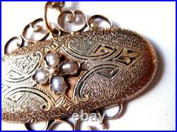 ANTIQUE VICTORIAN 14K ROSE GOLD HAND-ENGRAVED PENDANT with NATURAL PEARLS, 19c