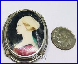 ANTIQUE VICTORIAN BROOCH PENDANT STERLING SILVER 7.6g 925 HAND PAINTED CAMEO