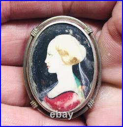 ANTIQUE VICTORIAN BROOCH PENDANT STERLING SILVER 7.6g 925 HAND PAINTED CAMEO