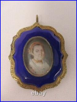 ANTIQUE VICTORIAN COBALT ENAMEL with HAND PAINTED PORTRAIT PENDANT