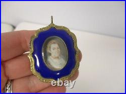 ANTIQUE VICTORIAN COBALT ENAMEL with HAND PAINTED PORTRAIT PENDANT