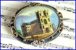 ANTIQUE VICTORIAN ENGLISH GILT HAND PAINTED BROOCH WESTMINSTER ABBEY c1870