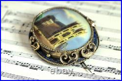 ANTIQUE VICTORIAN ENGLISH GILT HAND PAINTED BROOCH WESTMINSTER ABBEY c1870