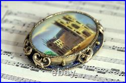 ANTIQUE VICTORIAN ENGLISH GILT HAND PAINTED BROOCH WESTMINSTER ABBEY c1870