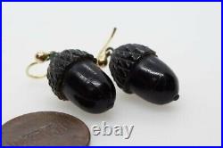 ANTIQUE VICTORIAN ENGLISH HAND CARVED ACORN DROP EARRINGS c1870