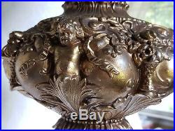 ANTIQUE VICTORIAN ERA ORNATE BRONZE BANQUET GWTW LAMP WithHAND PAINTED GLOBE