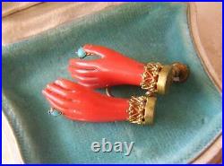 ANTIQUE VICTORIAN FAUX CORAL & TURQUOISE HAND EARRINGS early antique plastic