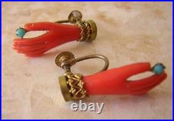 ANTIQUE VICTORIAN FAUX CORAL & TURQUOISE HAND EARRINGS early antique plastic