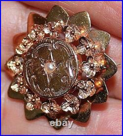 ANTIQUE VICTORIAN FRENCH ROSE 18k GOLD PEARL FLOWERS HAND MADE BROOCH PIN c1880