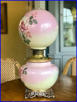 ANTIQUE VICTORIAN GWTW Banquet Parlor Lamp Ball Globe Hand Painted