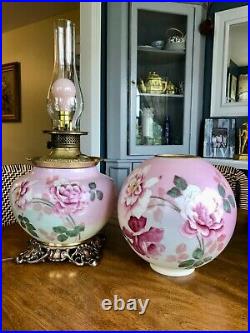 ANTIQUE VICTORIAN GWTW Banquet Parlor Lamp Ball Globe Hand Painted