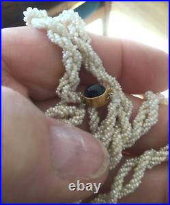 ANTIQUE VICTORIAN HAND DRILLED TINY PEARL NECKLACE WITH 14k SAPPHIRE CLASP! NR