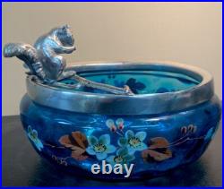 ANTIQUE VICTORIAN Hand Painted ART GLASS NUT BOWL FIGURAL SILVER PLATE SQUIRREL