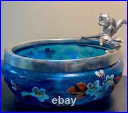 ANTIQUE VICTORIAN Hand Painted ART GLASS NUT BOWL FIGURAL SILVER PLATE SQUIRREL