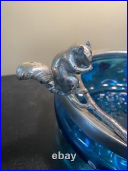 ANTIQUE VICTORIAN Hand Painted ART GLASS NUT BOWL FIGURAL SILVER PLATE SQUIRREL