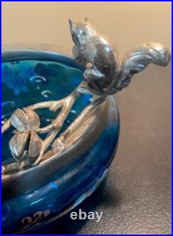 ANTIQUE VICTORIAN Hand Painted ART GLASS NUT BOWL FIGURAL SILVER PLATE SQUIRREL