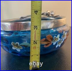 ANTIQUE VICTORIAN Hand Painted ART GLASS NUT BOWL FIGURAL SILVER PLATE SQUIRREL