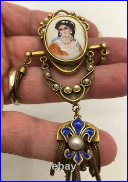 ANTIQUE VICTORIAN LIMONGES Hand Paint Oval Porcelain Pearl Brooch Pin