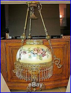 ANTIQUE VICTORIAN OIL CONVERTED ELECTRIC HAND PAINTED CHANDELIER, 48 prism