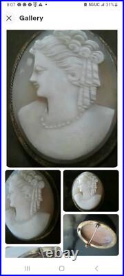 ANTIQUE VICTORIAN SHELL CAMEO HAND CARVED LADY PIN BROOCH Vtg